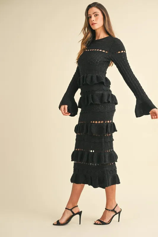 MABLE Long Sleeve Tiered Ruffle Knit Midi Dress - Brittney MADE