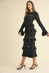 MABLE Long Sleeve Tiered Ruffle Knit Midi Dress - Brittney MADE