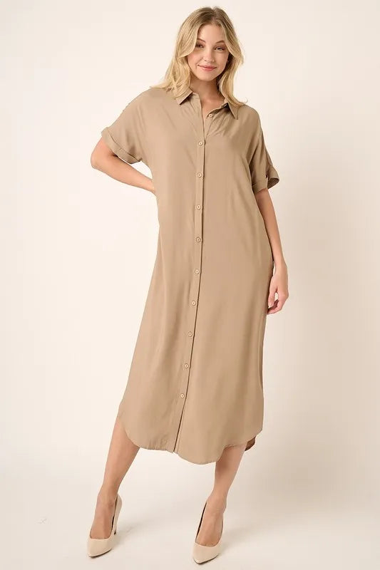 Mittoshop Collared Neck Dolman Short Sleeve Midi Shirt Dress - Brittney MADE