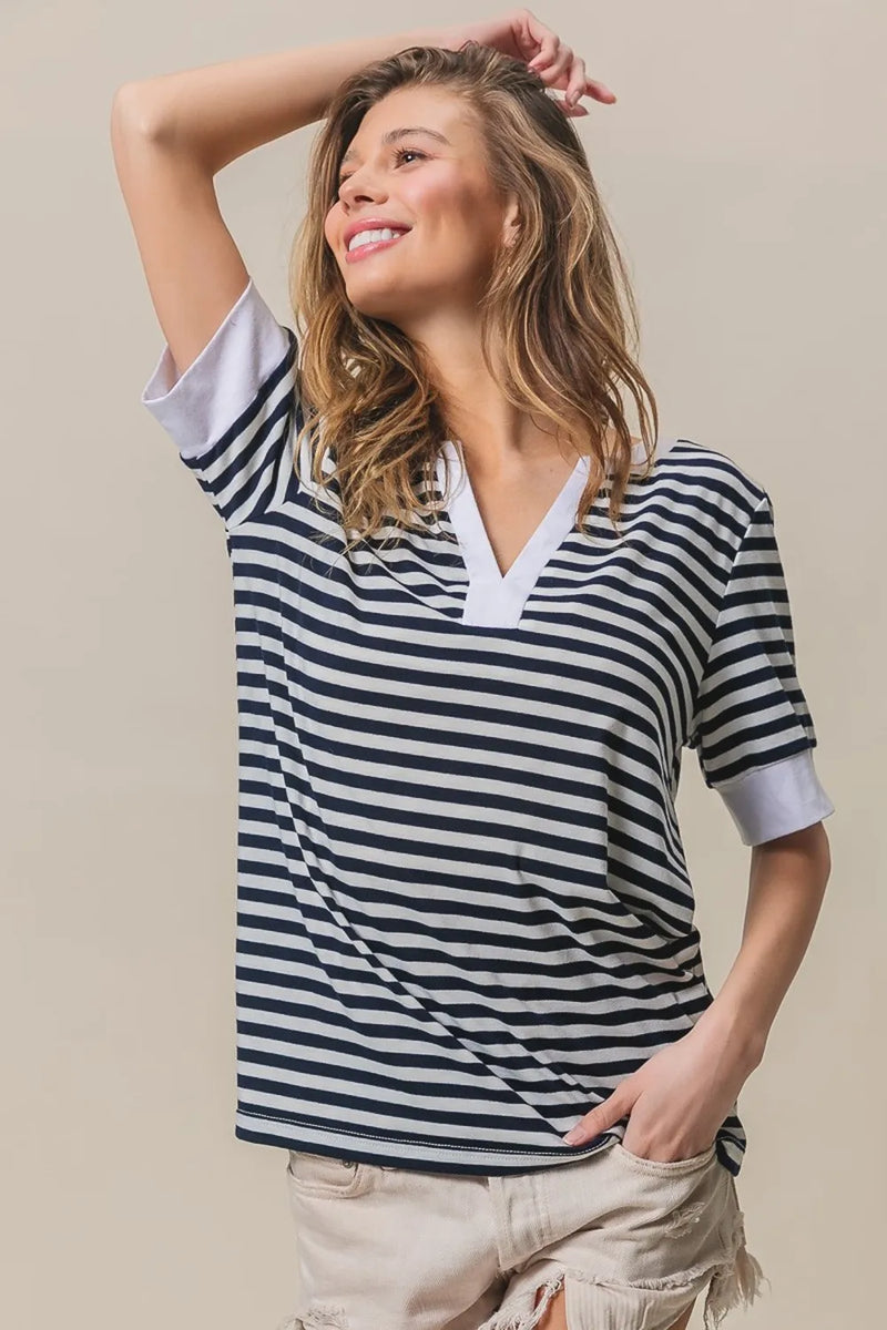BiBi Contrast Striped Notched Knit Top - Brittney MADE