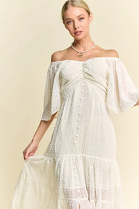 Davi & Dani Swiss Dotted Ruched Ruffle Open Back Midi Dress - Brittney MADE