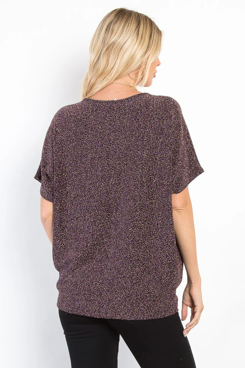 Be Stage Full Size Lurex Center Elastic Cinched Knit Top - Brittney MADE