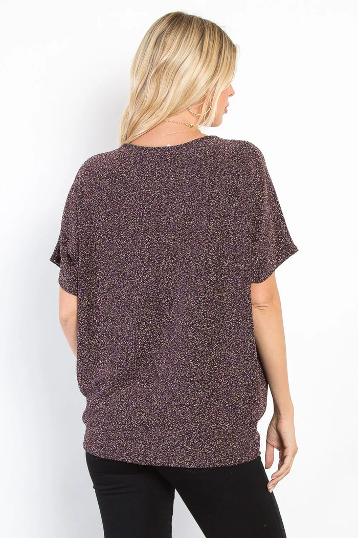 Be Stage Full Size Lurex Center Elastic Cinched Knit Top - Brittney MADE