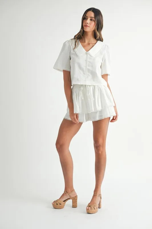 MABLE Collared Button Down Crop Top and Skort Set - Brittney MADE