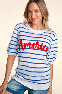 Haptics Letter Embroidery Striped Knit Top - Brittney MADE