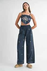 MABLE Linen Embroidered Scarf Top and Pants Set - Brittney MADE