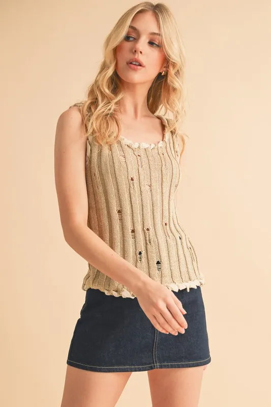 Aemi+Co Distressed Detail Round Neck Knit Tank - Brittney MADE