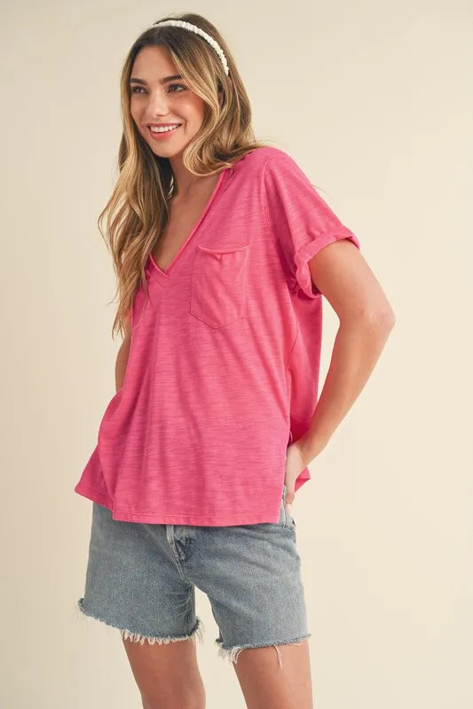 Aemi + Co Side Slit V-Neck Short Rolled Sleeve T-Shirt - Brittney MADE