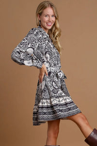 Umgee Full Size Two Tone Floral Border Print Tie Waist Mini Dress Plus Size - Brittney MADE