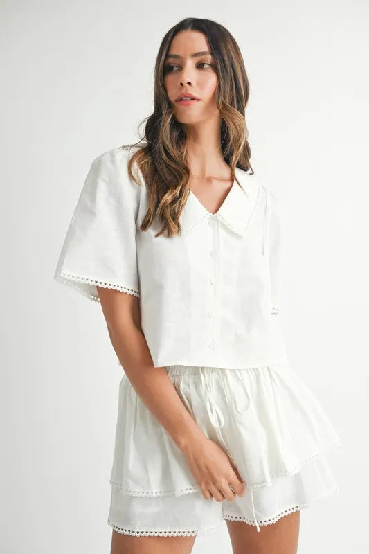 MABLE Collared Button Down Crop Top and Skort Set - Brittney MADE