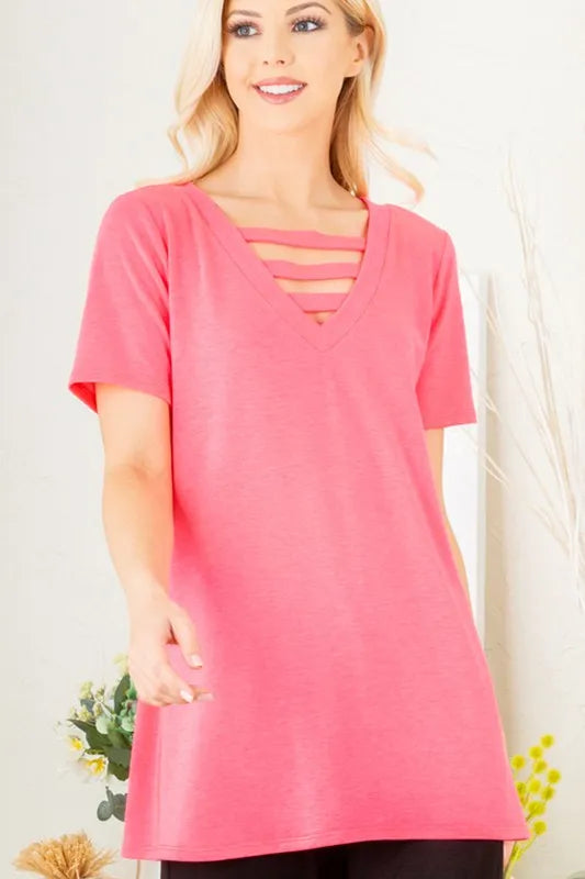 Heimish Full Size V-Neck Short Sleeve T-Shirt with Bar Detail Plus Size - Brittney MADE