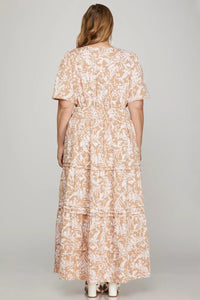 She + Sky Printed Notched Woven Tiered Pintuck Maxi Dress with Side Pockets - Brittney MADE