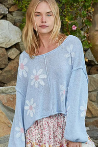 POL Flower Roll Edge Round Neck Drop Shoulder Knit Top - Brittney MADE