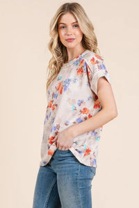 BOMBOM Floral Round Neck RIbbed T-Shirt - Brittney MADE