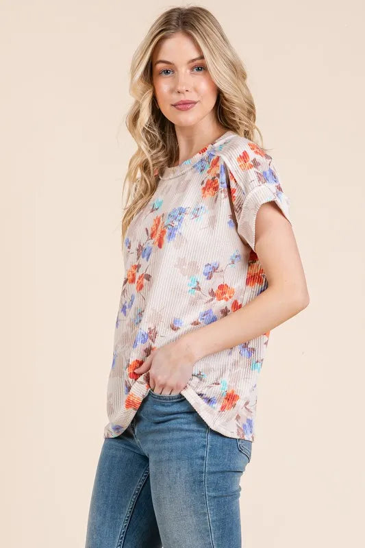 BOMBOM Floral Round Neck RIbbed T-Shirt - Brittney MADE