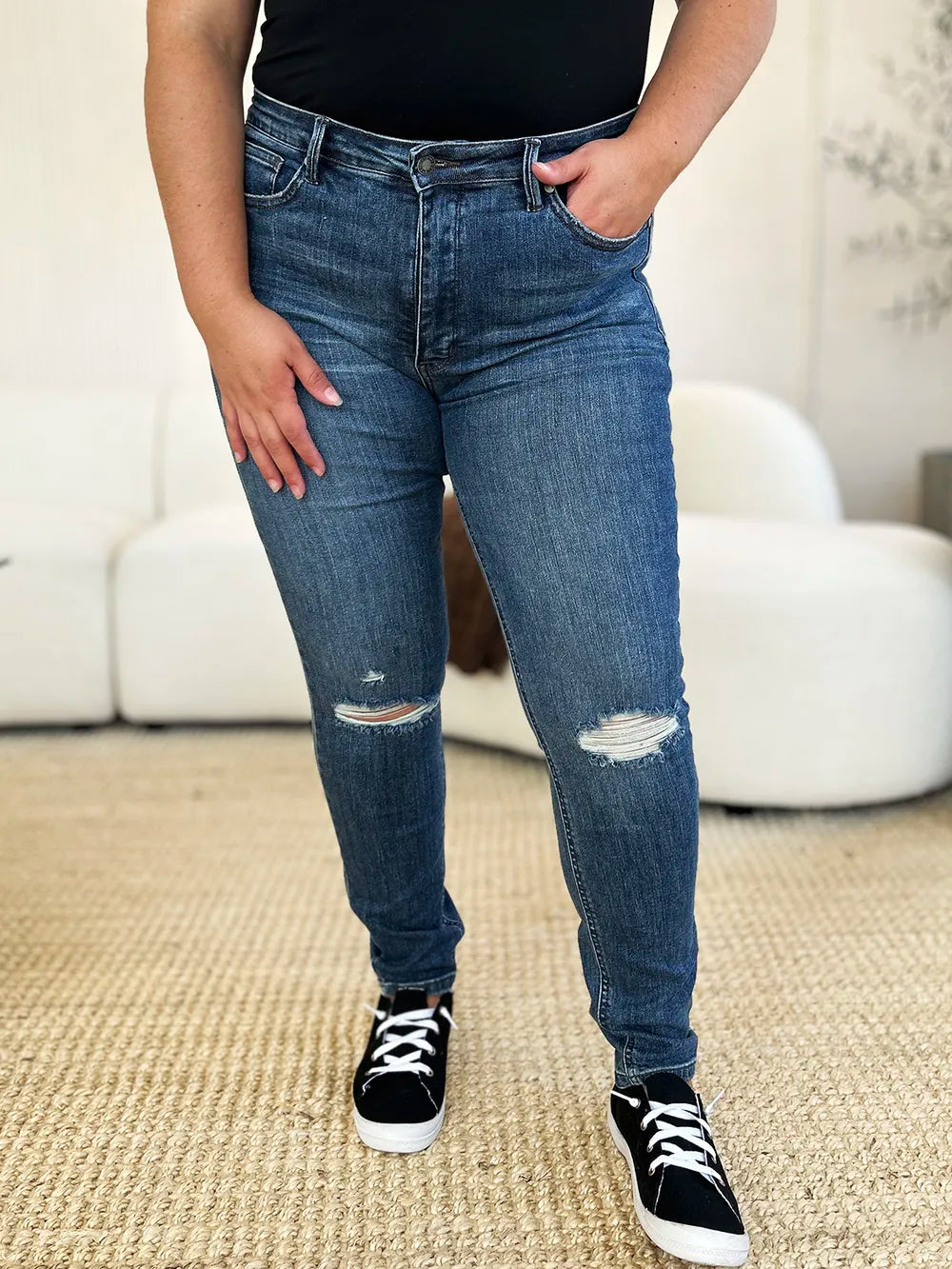 Judy Blue Full Size Mid Waist Distressed Slim Jeans - Brittney MADE