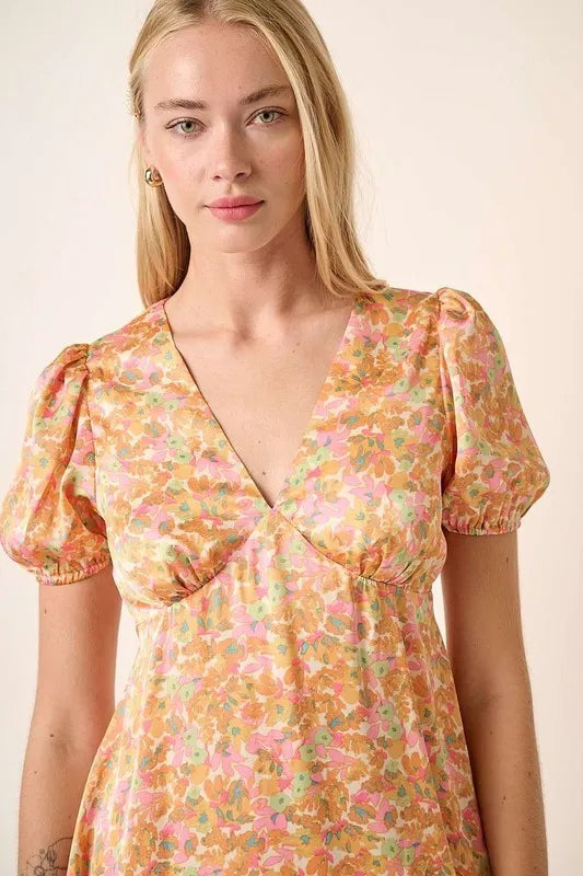 Mittoshop Printed V-Neck Puff Sleeve Mini Dress - Brittney MADE