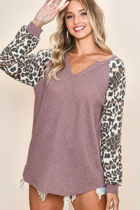 BiBi Popcorn Waffle Leopard Long Sleeve Knit Top - Brittney MADE