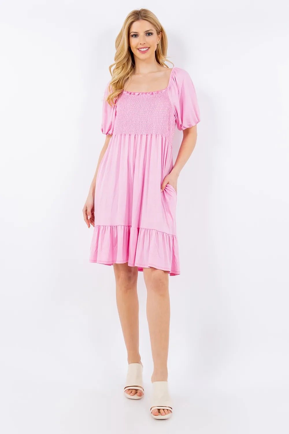 Celeste Full Size Smocked Square Neck Puff Sleeve Ruffle Hem Dress Plus Size - Brittney MADE