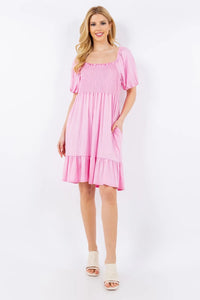 Celeste Full Size Smocked Square Neck Puff Sleeve Ruffle Hem Dress Plus Size - Brittney MADE