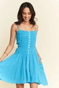 Davi & Dani Smocking Bodice Sleeveless Button Down Mini Dress - Brittney MADE