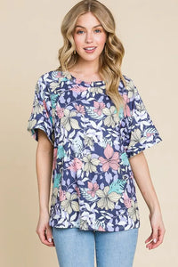 BOMBOM Floral Round Neck Short Sleeve T-Shirt - Brittney MADE