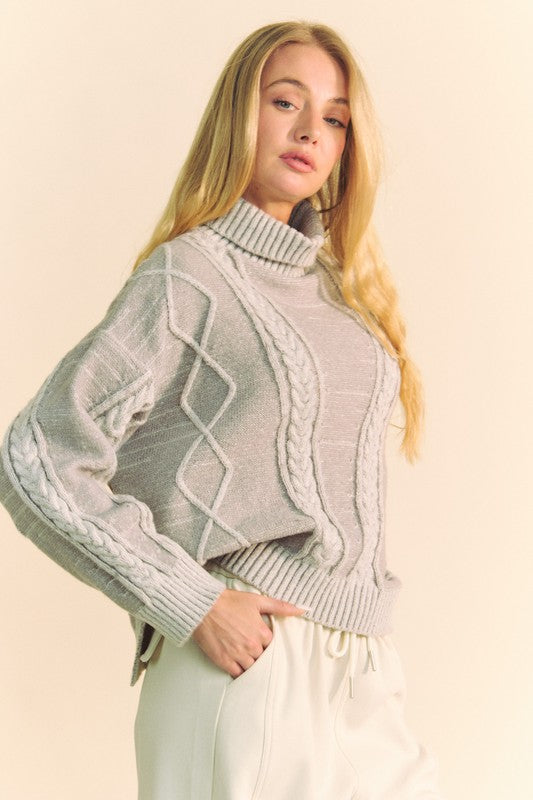Davi & Dani Cable-Knit Turtleneck Dropped Shoulder Sweater - Brittney MADE