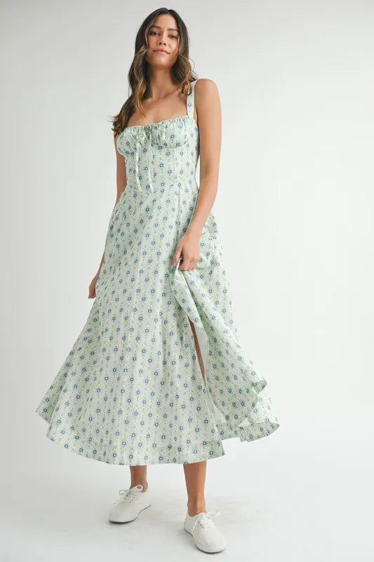 MABLE Floral Print Bustier Back Lace Up Midi Dress - Brittney MADE
