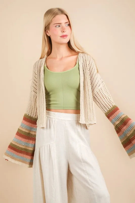 VERY J Color Block Bell Sleeve Openwork Cardigan - Brittney MADE