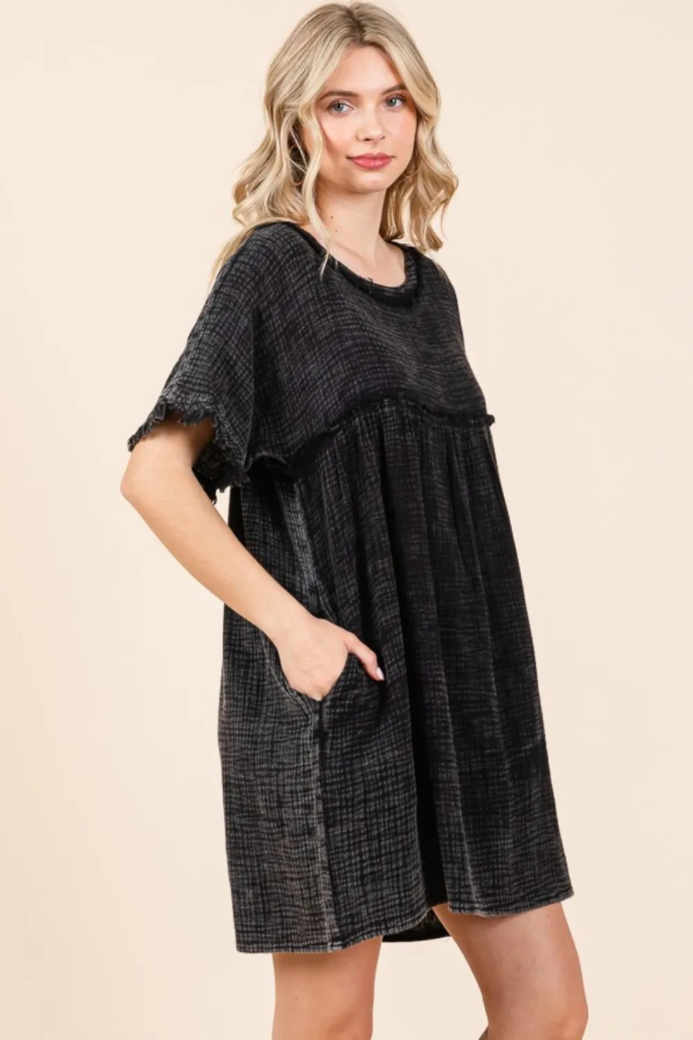 Culture Code Full Size Short Sleeve Babydoll Texture Dress with Pockets - Brittney MADE