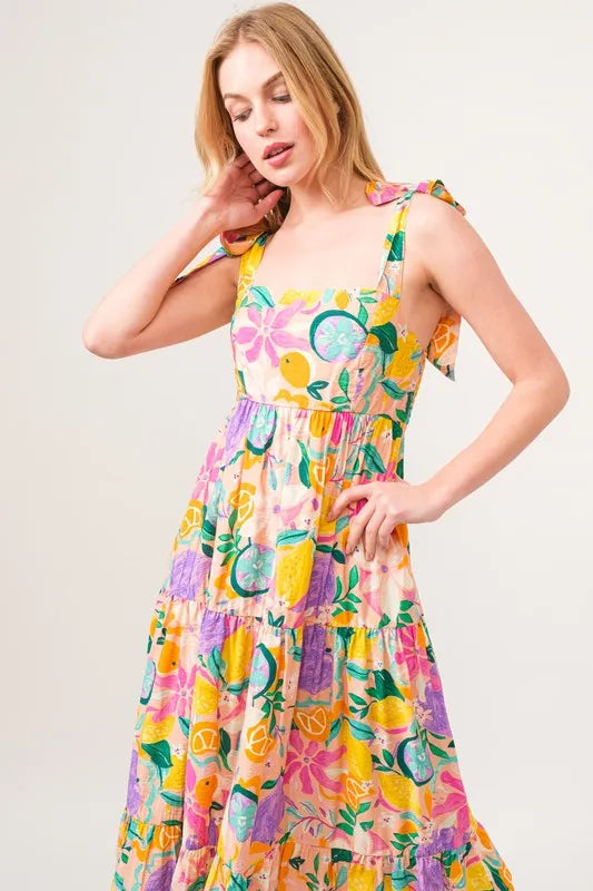 And The Why Shoulder Strap Tropical Fruit Printed Tiered Maxi Dress - Brittney MADE