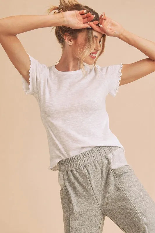 Aemi+Co Round Neck Lettuce Hem Short Sleeve T-Shirt - Brittney MADE