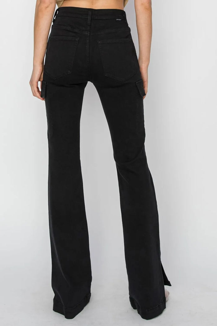 RISEN Full Size High Rise Side Slit Cargo Bootcut Jeans - Brittney MADE