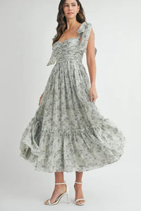 MABLE Floral Bust Ruched Midi Dress with Shoulder Tie - Brittney MADE