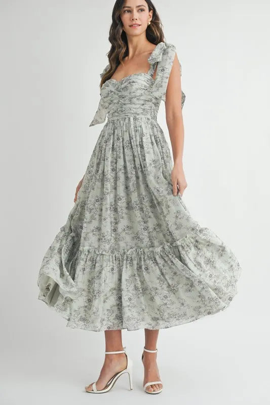 MABLE Floral Bust Ruched Midi Dress with Shoulder Tie - Brittney MADE