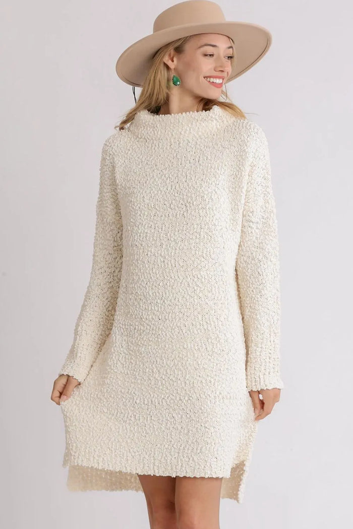 Umgee Full Size High Low Long Sleeve Boucle Sweater Dress Plus Size - Brittney MADE