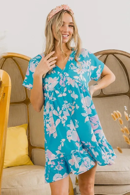 BiBi Floral Crinkle Shirred Ruffle Detail V Neck Dress - Brittney MADE