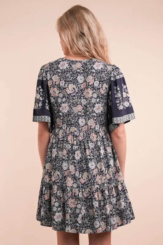 VERY J Shirring Detail Printed Woven Mini Dress - Brittney MADE