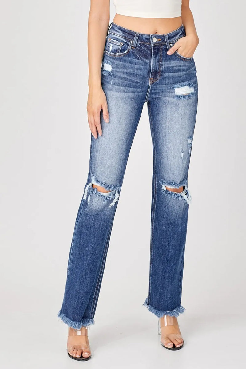 Risen Full Size Raw Hem Distressed Straight Jeans - Brittney MADE