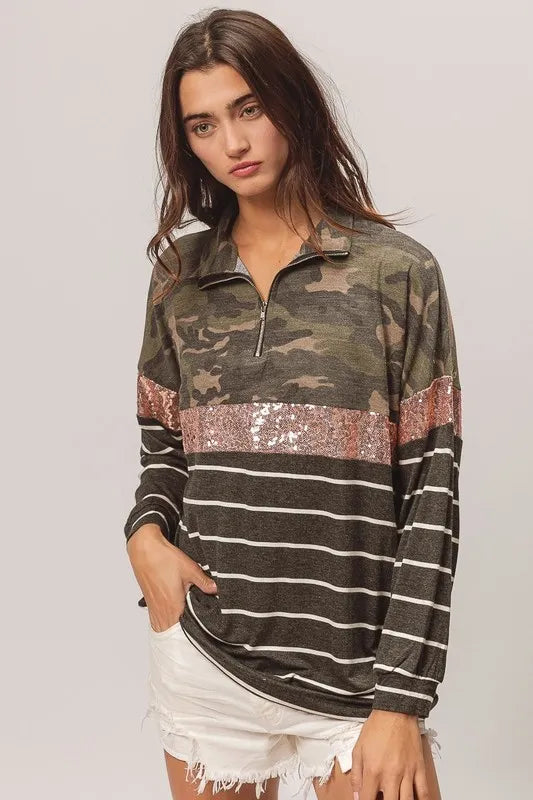 BiBi Camouflage French Terry Knit Top - Brittney MADE