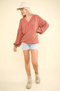 VERY J Two Tone Ribbed V-Neck Exposed Seam Top - Brittney MADE