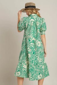 Umgee Full Size Printed Smocked Cuff Puff Sleeve Midi Dress Plus Size - Brittney MADE