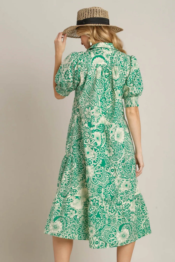 Umgee Full Size Printed Smocked Cuff Puff Sleeve Midi Dress Plus Size - Brittney MADE
