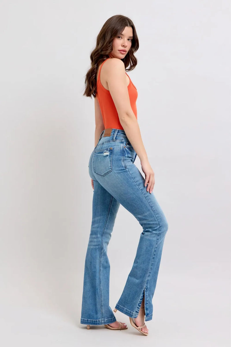 Judy Blue HW Tummy Control Vintage Wash Side Slit Slim Boot Jeans - Brittney MADE