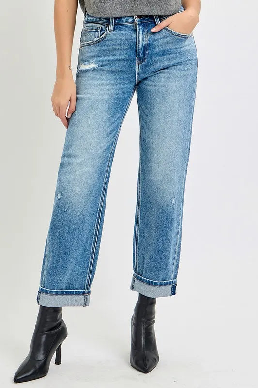 RISEN High Rise Ankle Boyfriend Distressed Jeans - Brittney MADE