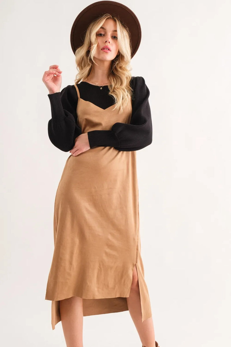And The Why Faux Suede Cut Edge Slit Cami Midi Dress - Brittney MADE