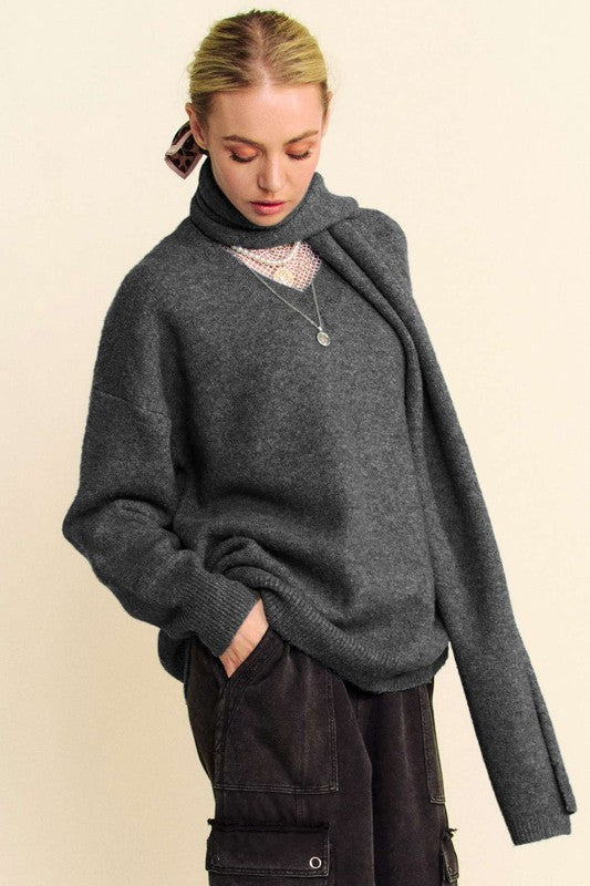 Davi & Dani V-Neck Dropped Shoulder Sweater with Scarf Set - Brittney MADE