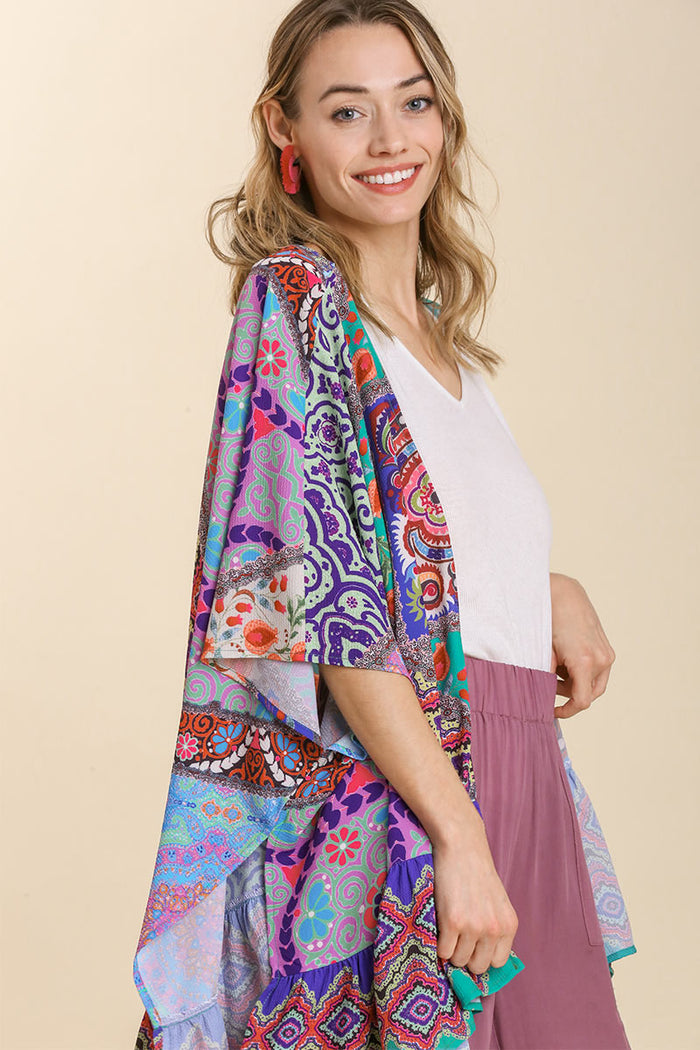 Umgee Full Size Mixed Print Ruffle Hem Open Front Cover Up Plus Size - Brittney MADE