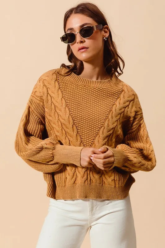 SO ME Mineral Washed Loose Fit Textured Cable Sweater - Brittney MADE