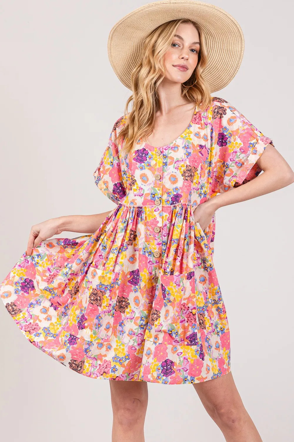 SAGE + FIG Floral Short Sleeve Babydoll Dress with Pockets - Brittney MADE